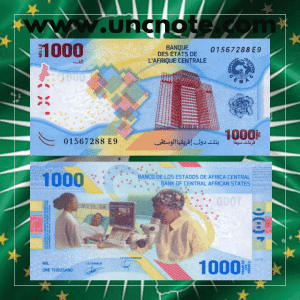Central Africa 1000 Francs CFA polymer banknote issued in 2020 by BEAC, uncirculated, front side with regional African design