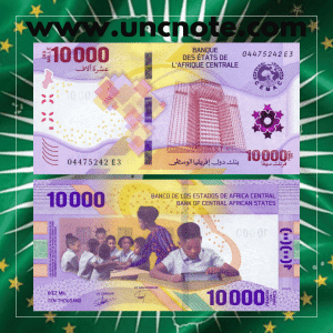 Central Africa 10,000 Francs CFA polymer banknote issued in 2020 by BEAC, uncirculated, front side with modern security and regional design