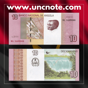 Angola 10 Kwanzas banknote issued in 2012, uncirculated, front side with portrait of Agostinho Neto and national symbols