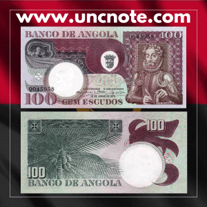 Angola 100 Escudos banknote issued in 1973, uncirculated, front side with colonial Portuguese design