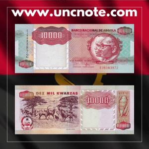 Angola 10,000 Kwanzas banknote issued in 1991, uncirculated, front side with national figures and symbolic imagery