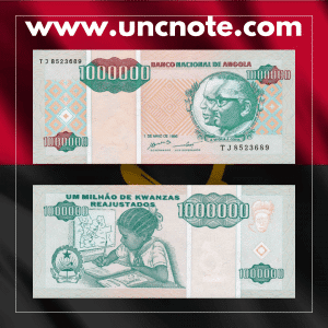 Angola 1,000,000 Kwanzas banknote issued in 1995, uncirculated, front side with national symbols and intricate design