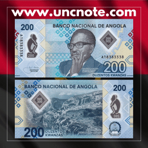 Angola 200 Kwanzas banknote issued in 2020, uncirculated, front side with portrait of Agostinho Neto, wildlife, and national symbols