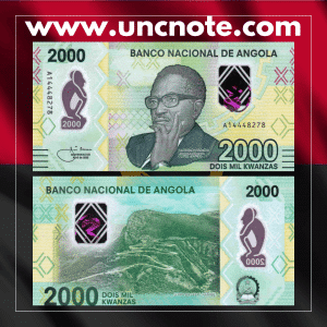 Angola 2000 Kwanzas polymer banknote issued in 2020, uncirculated, featuring Agostinho Neto and Serra da Leba