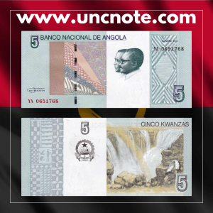 Angola 5 Kwanzas banknote issued in 2012, uncirculated, front side with portrait of Agostinho Neto and national emblems