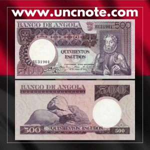Angola 500 Escudos banknote issued in 1973, uncirculated, front side with Portuguese colonial imagery
