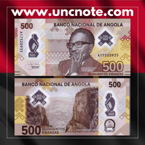 Angola 500 Kwanzas banknote issued in 2020, uncirculated, front side with portrait of Agostinho Neto, traditional motifs, and security features