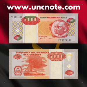 Angola 50,000 Kwanzas banknote issued in 1995, uncirculated, front side with national symbols and intricate engravings