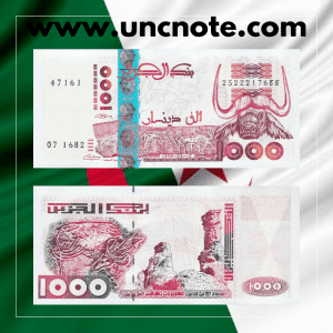 Algeria 1000 Dinars banknote issued in 1998, uncirculated, front side with national landmarks and Arabic‑French inscriptions