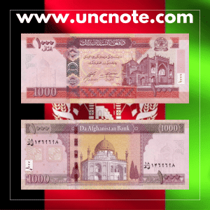 Afghanistan 1000 Afghanis banknote issued in 2016, uncirculated, front side with modern design and Afghan landmarks