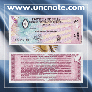 Argentina 1 Austral banknote issued in 1987, uncirculated, front side with national symbols and inflation-era design