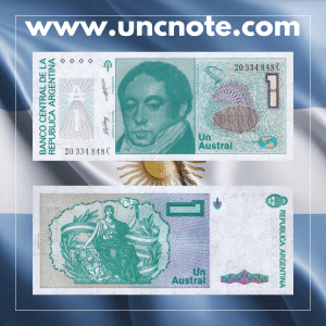 Argentina 1 Austral banknote issued in 1989, uncirculated, front side with national symbols and inflation era design