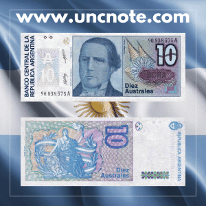 Argentina 10 Australes banknote issued between 1985 and 1989, uncirculated, front side with national symbols and detailed design