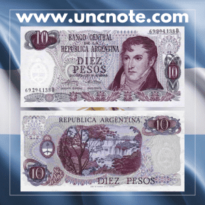 Argentina 10 Pesos banknote issued in 1973, uncirculated, front side with patriotic imagery and national figures