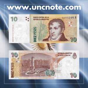 Argentina 10 Pesos banknote issued in 2014, uncirculated, front side with Manuel Belgrano and reverse side with Monument to the Flag in Rosario