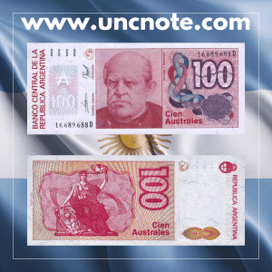 Argentina 100 Australes banknote issued in 1990, uncirculated, front side with Domingo F. Sarmiento and reverse side with 'Progreso'