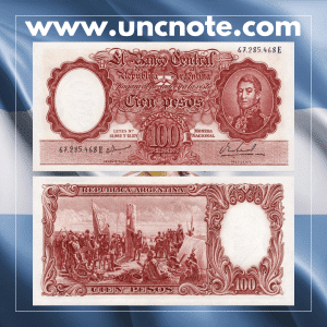 Argentina 100 Pesos banknote issued in 1957, uncirculated, front side with General José de San Martín and reverse side with allegorical imagery