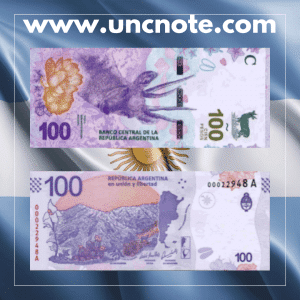 Argentina 100 Pesos banknote issued in 2018, uncirculated, front side with Huemul deer and reverse side featuring native habitat imagery