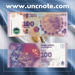 Argentina 100 Pesos commemorative banknote issued in 2015 for Argentina–Brasil World Cup qualifier in Rosario, uncirculated, front side with Monumento a la Bandera and sports motif