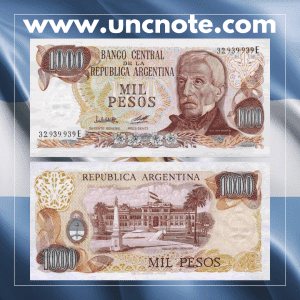 Argentina 1000 Pesos banknote issued in 1979, uncirculated, front side with Domingo F. Sarmiento and allegorical progress imagery
