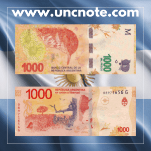 Argentina 1000 Pesos banknote issued in 2020, uncirculated, front side with Rufous Hornero and reverse side with Pampa landscape and map of Argentina