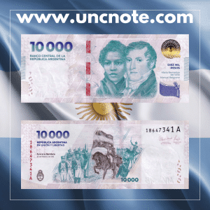 Argentina 10,000 Pesos banknote issued in 2024, uncirculated, front side with portraits of Manuel Belgrano and María Remedios del Valle, and reverse side depicting the Pledge of Allegiance to the Flag ceremony