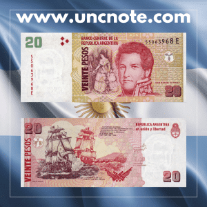 Argentina 20 Pesos banknote issued in 2013, uncirculated, front side with naval battle scene and reverse side with sailing ship