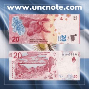 Argentina 20 Pesos banknote issued in 2017, uncirculated, front side with guanaco and reverse side with Patagonian landscape