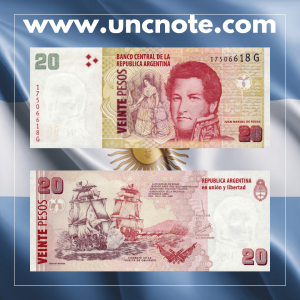 Argentina 20 Pesos banknote issued in 2018, uncirculated, front side with guanaco and reverse side with Patagonian landscape