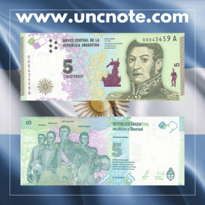 Argentina 5 Pesos banknote issued in 2015, uncirculated, front side with General José de San Martín and national symbols