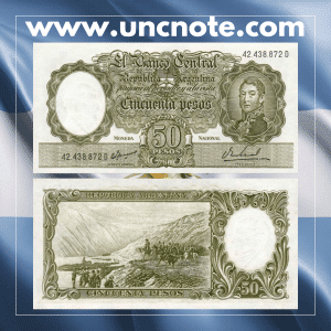 Argentina 50 Pesos banknote issued in 1969, uncirculated, front side with Domingo F. Sarmiento and educational motifs