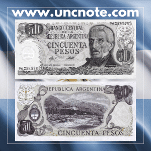Argentina 50 Pesos banknote issued in 1978, uncirculated, front side with Delfín Gallo and allegorical imagery