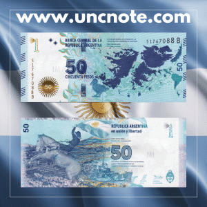 Argentina 50 Pesos commemorative banknote issued in 2015 for May Revolution bicentennial, uncirculated, front side with Julio Roca and Argentine cockade emblem