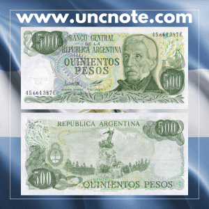 Argentina 500 Pesos banknote issued in 1977, uncirculated, front side with Domingo F. Sarmiento and allegorical educational motifs