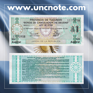 Argentina 1 Austral banknote from Tucumán Province, issued in 1988, uncirculated, featuring debt cancellation bond inscription