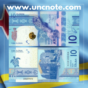 Aruba 10 Florin banknote issued in 2019, uncirculated, front side with green sea turtle, trunkfish, and coral; reverse side with Bushiribana gold mill ruins