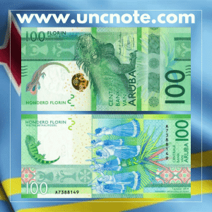 Aruba 100 Florin banknote issued in 2019, uncirculated, front side with green iguana, striped anole, and aloe plant; reverse side with ribbon dancers and traditional floor tiles