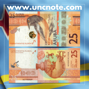 Aruba 25 Florin banknote issued in 2019, uncirculated, front side with troupial, burrowing owl, passion flower; reverse side with Arawak cave paintings and Amerindian pottery
