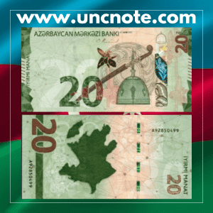 Azerbaijan 20 Manat banknote issued in 2022, uncirculated, front side featuring helmet, sword, shield, Khari Bulbul, doves; reverse side with stylized map of Azerbaijan and carpet motifs