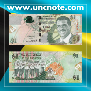 Bahamas 1 Dollar banknote issued in 2015, uncirculated, front side with portrait of Sir Lynden O. Pindling and map; reverse side with police band, coat of arms, elder flower, and fish foil patch