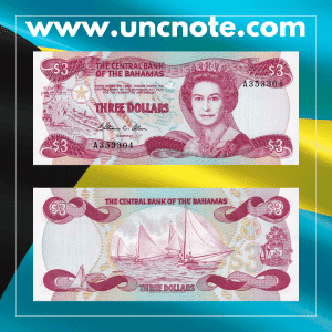 Bahamas 3 Dollar banknote issued in 1974, front with portrait of Queen Elizabeth II; reverse with Bahamian family scene and vibrant local motifs.