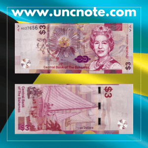 Bahamas 3 Dollar 2019 polymer banknote, vertical layout with portrait of Sir Lynden O. Pindling on the front and salt harvesting scene on the back.