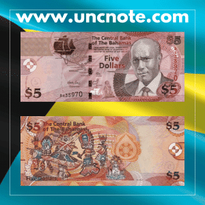Bahamas 5 Dollar banknote issued in 2007, front with portrait of Sir Cecil Wallace-Whitfield; reverse showing the Hope Town Lighthouse on Elbow Cay.
