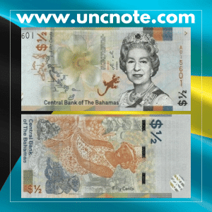 Bahamas 50 Cents 2019 polymer banknote, vertical orientation with Queen Elizabeth II on the front and the Parliament building on the back.