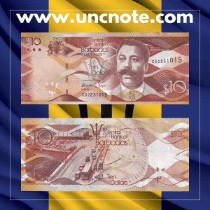 Barbados 10 Dollars 2018 polymer banknote, front with Charles Duncan O’Neal; reverse featuring Parliament Buildings in vertical layout.