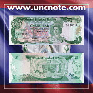 Belize 1 Dollar 1987 banknote, front with Queen Elizabeth II; reverse showing harbor scene in Belize City.