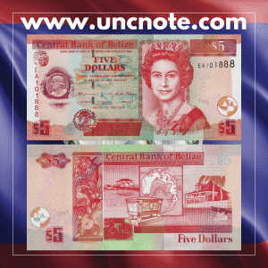 Belize 5 Dollars 2020 banknote, front with Queen Elizabeth II; reverse showing St. George’s Caye scenes with toucan and Baird’s tapir.