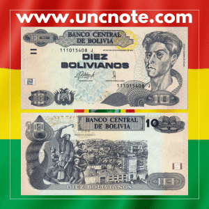Bolivia 10 Bolivianos 1986 banknote, front with Cecilio Guzmán de Rojas; reverse showing Heroínas de la Coronilla monument and city view.