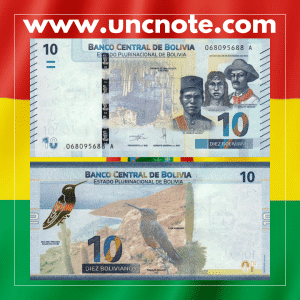 Bolivia 10 Bolivianos 2018 banknote, front with Vargas, Tüpa, and Méndez over Umajalanta Cavern; reverse with Isla del Pescado, giant hummingbird, and Puya Raimondi cactus.