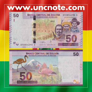 Bolivia 50 Bolivianos 2018 banknote, front with Eduardo Abaroa and Sajama volcano; reverse featuring Andean mountain cat and llama path design.
